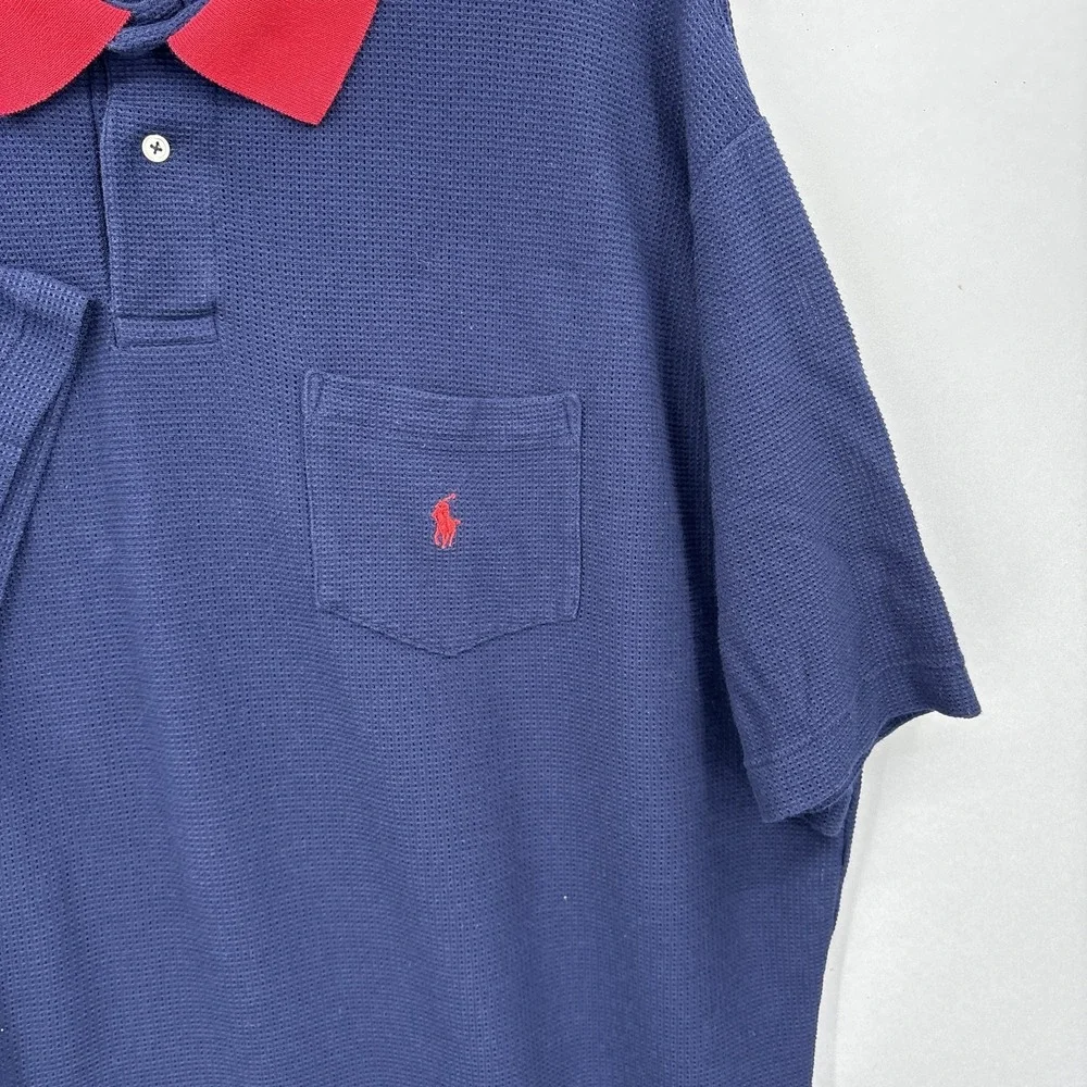 Vintage Polo Ralph Lauren Polo Shirt Mens XL Navy Red Collar Waffle Knit USA 90s